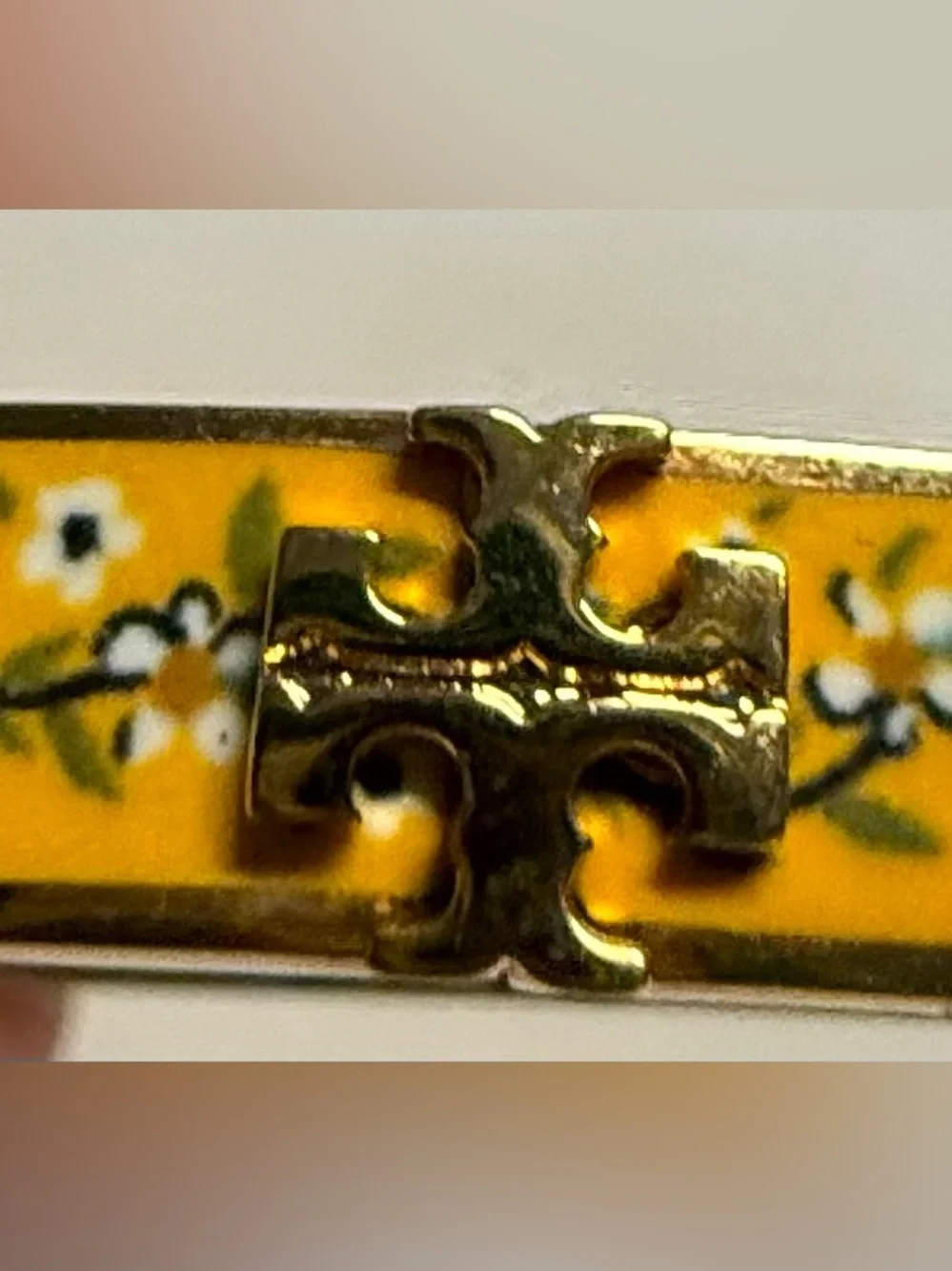 Tory Burch Gold Tone Yellow Floral Enamel Hinged Bangle Bracelet Double T